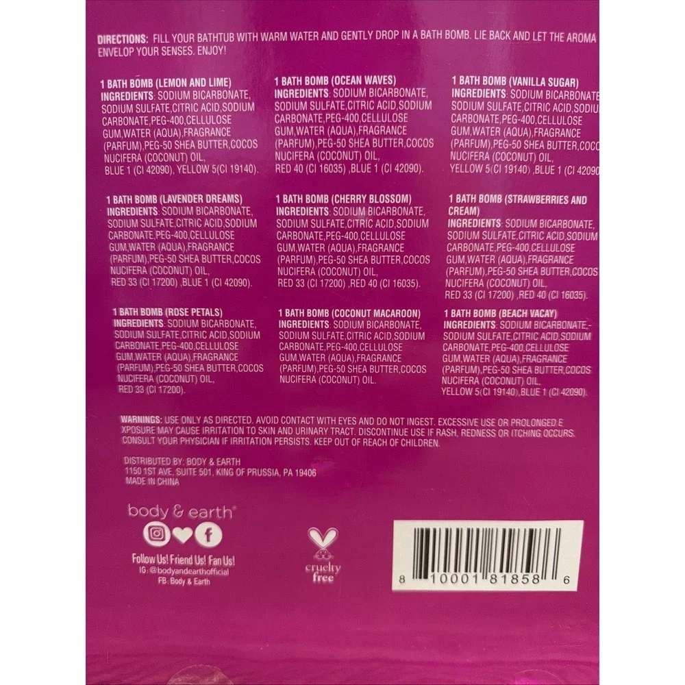 Bath Bombs Gift Set Body and Earth 9 Count 4oz each NEW Body‎ & Earth
